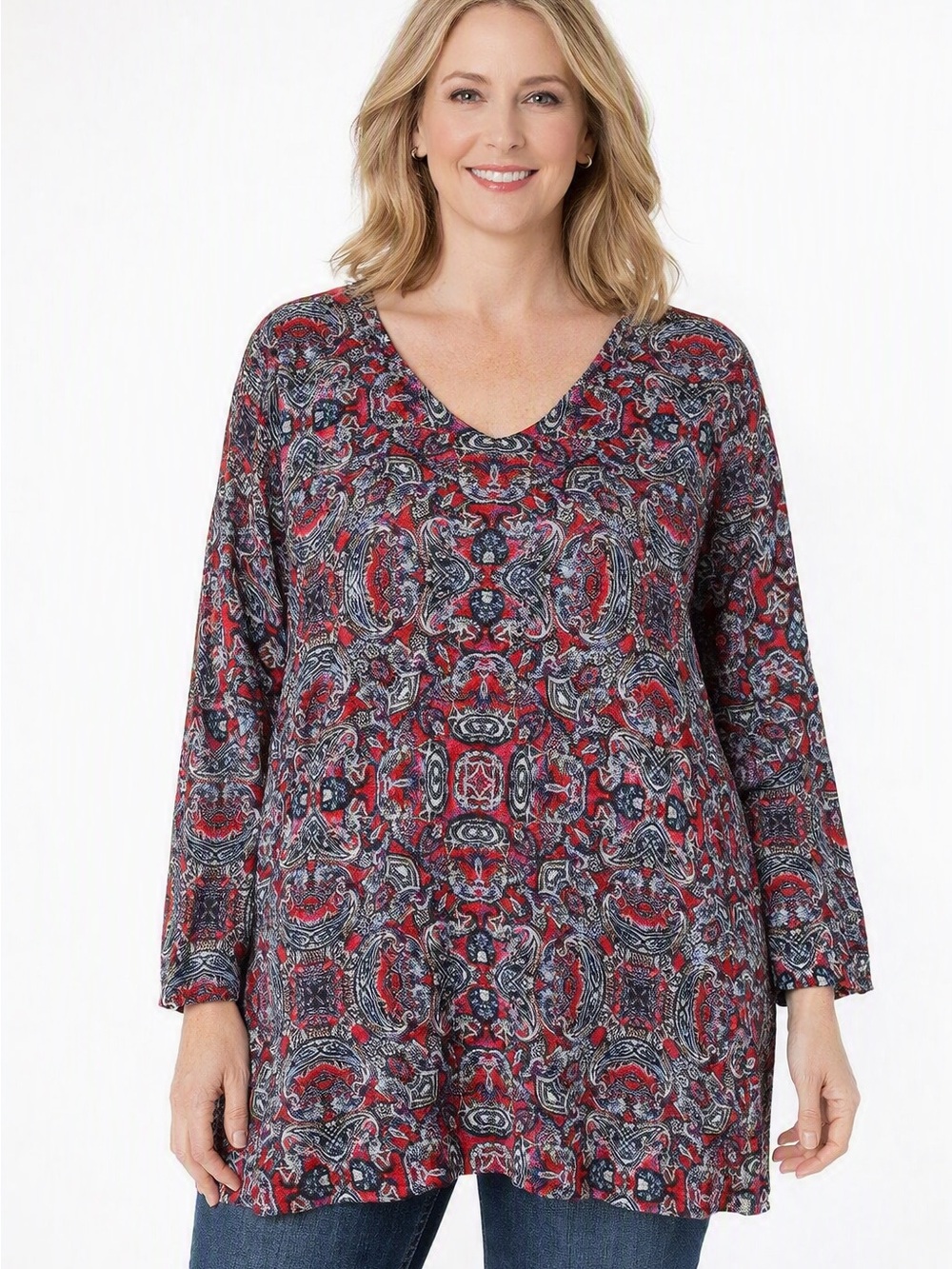 J. Jill Red Medallion Print Tunic Top Sz XL Long Sleeve Liquid Knit Casual Boho